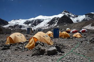 02 My Inka Expediciones Tent At Aconcagua Plaza de Mulas Base Camp 4360m With Horcones Glacier, Cerro de los Horcones, Cerro Cuerno Behind.jpg
